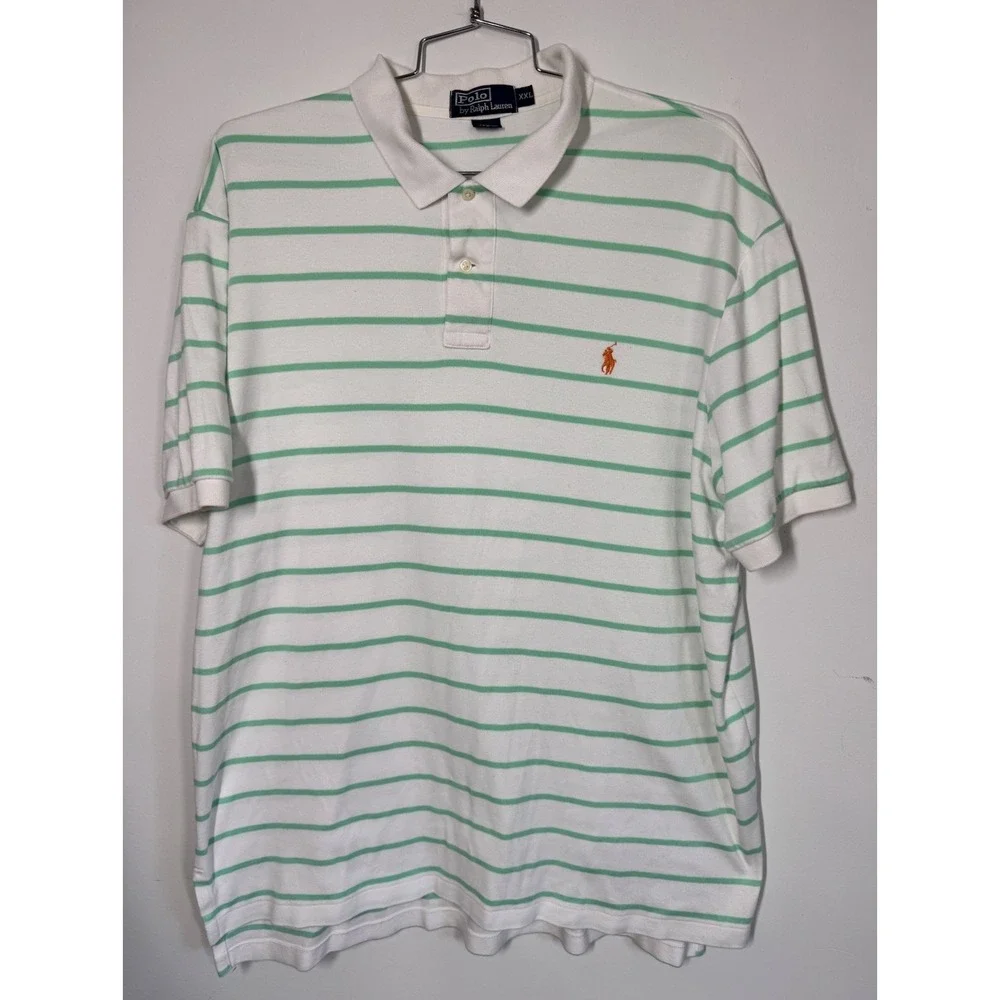 VTG Polo Ralph Lauren Men's Green‎ And White Stripe Polo Shirt Size XXL Preppy